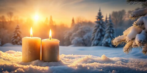 Wall Mural - A serene winter scene with two burning candles set against a snowy backdrop