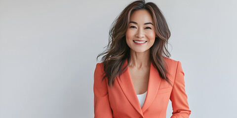 Wall Mural - Confident and Radiant: A woman in a stylish coral blazer exudes confidence and warmth with a genuine smile, capturing the essence of professional grace and empowerment. 