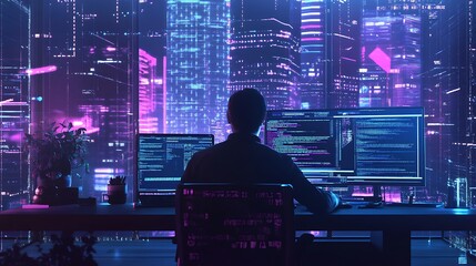 Programmer coding at night, futuristic city backdrop.