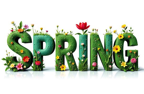 Word Spring with colorful nature images inside the letters