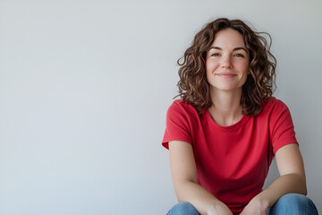 Wall Mural - Smiling Woman in Red Shirt: A young woman with curly brown hair sits against a light gray wall, smiling serenely at the camera.