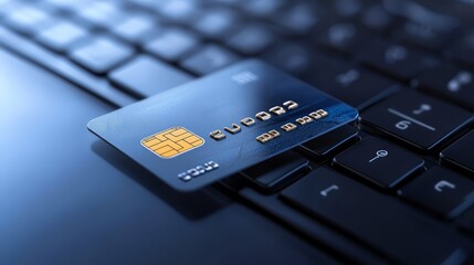 Secure online transactions, credit card on laptop keyboard for ecommerce, shopping, banking and finance