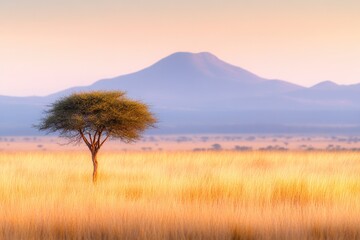 Wall Mural - Serene landscape features solitary tree against soft golden gras