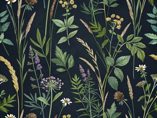 dark rustic botanical watercolor pattern: wild herbs & leaves