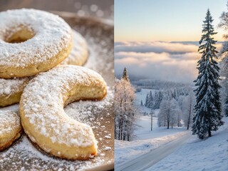 Delicate Crescent Cookies: Double Exposure of Vanilla Kipferl and Winter Landscape