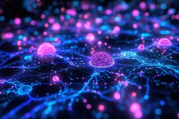 Wall Mural - a creative infographic of artificial intelligence and neural networks, glowing in ultraviolet light.