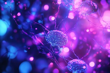 Wall Mural - a creative infographic of artificial intelligence and neural networks, glowing in ultraviolet light.
