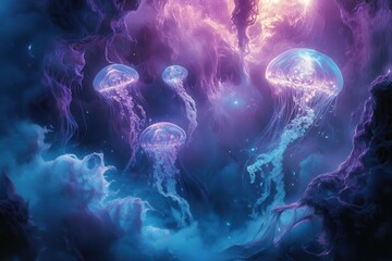 Wall Mural - surreal bioluminescent deep-sea garden with crystalline structures, floating orbs of light, and translucent jellyfish-like creatures dancing through ethereal mist, rendered in cyan and purple hues