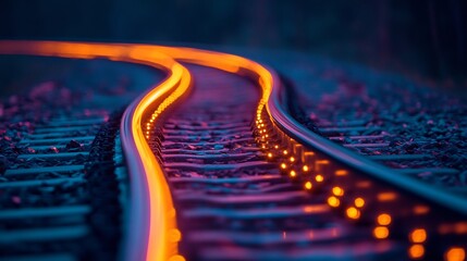 Sticker - Glowing orange trail winds along dark railway tracks Night scene vibrant color palette. AI Generated