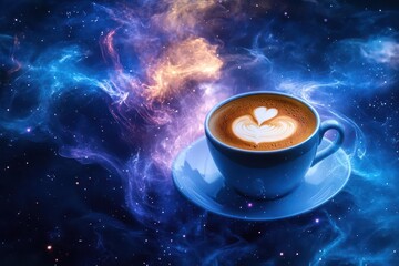 Wall Mural - surreal floating coffee galaxy, cosmic espresso swirls forming nebulous patterns against deep space background, stars twinkling through aromatic steam