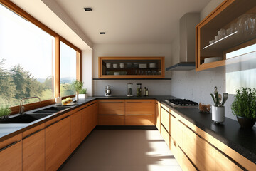 Wall Mural - Modern L Shaped Wooden Kitchen with Sunlit Window and Landscape View