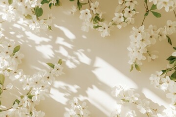 Canvas Print - Wall with white flowers and green leaves