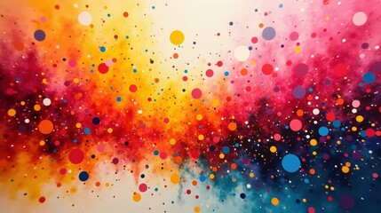 Wall Mural - An energetic conceptual composition featuring bright swirling shapes, confetti-like dots, and vivid gradients blending pink, orange, and yellow.