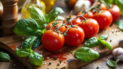 Wall Mural - Close-up of fresh tomatoes with basil and spices on a cutting board.