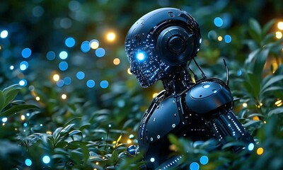 Aufkleber - Futuristic robot in lush forest at night; AI concept
