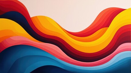 Wall Mural - A colorful conceptual design with dynamic, overlapping wave-like forms in bold red, yellow, and blue, creating a playful and celebratory mood.