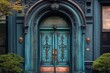 © julija - weathered teal facade with ornate copper patina door, featuring intricate art nouveau metalwork, moss-covered corners, and vintage brass hardware in warm afternoon light