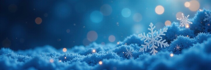 Wall Mural - Sparkling snowflakes against a blue backdrop with soft focus and glittering lights, winter, frosty, soft focus