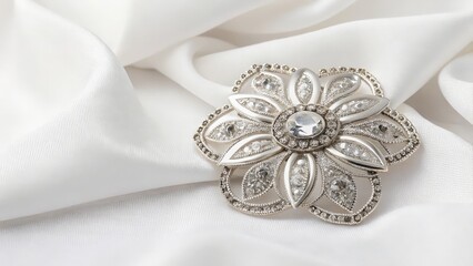 Wall Mural - Silver Flower Brooch on White Fabric