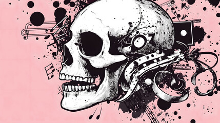 Aufkleber - Captivating Skull with Vibrant Grunge Splashes and Musical Elements