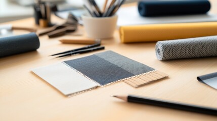 Close-up of fabric swatches on a designer's workspace with tools and materials in the background