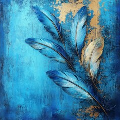 Wall Mural - Blue feathers on textured background, art deco style, design element