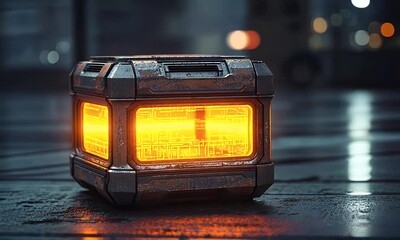 Aufkleber - Glowing metallic box on wet street at night; futuristic sci-fi concept; for video game or film