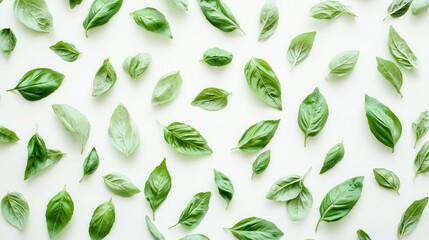 Wall Mural - fresh aromatic basil leaves arranged in artistic pattern extreme closeup showing detailed textures and vibrant green veining against pure white backdrop