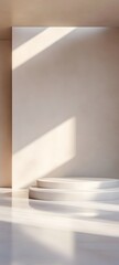 Wall Mural - a podium with a glossy white surface, placed in a softly lit room with clean lines and neutral tones