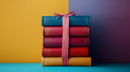 Wall Mural - A beautiful stack of colorful books wrapped in a pink ribbon. These vibrant books evoke a sense of joy and knowledge. Perfect for education and creative projects. Generative AI