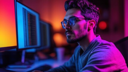 Focused programmer working late at night on computer code.