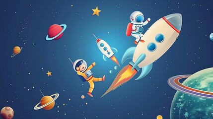Wall Mural - two cartoon astronauts floating in space with rockets and planets.
