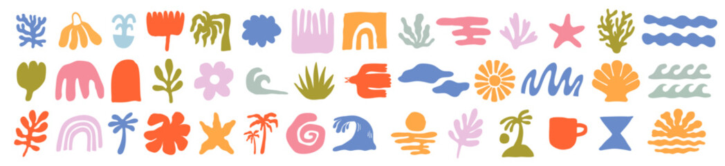 colorful vector set of abstract summer doodles, organic shapes and forms. hand drawn matisse ocean c