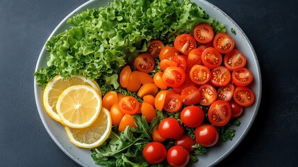 Wall Mural - Freshly sliced tomatoes and greens arranged beautifully on a plate with lemon slices, ideal for healthy meals