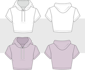 Wall Mural - Women fitted t-shirt hoodie technical fashion illustration drawing. Short Sleeve Hoodie Pullover T-shirt vector template illustration. front and back view. CAD, mockup set.