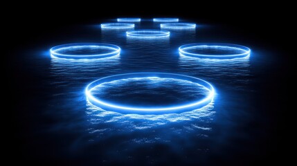 Wall Mural - Glowing blue rings float on dark water.