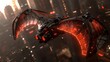 © adniluy - Futuristic spaceship flying over city at sunset; sci-fi background, concept art
