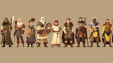 Wall Mural - A group of medieval fantasy characters in various styles of clothing.