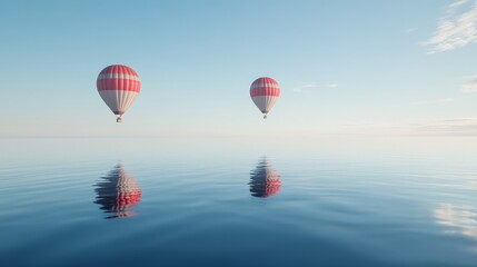  Two colorful hot air balloons floating serenely above a calm, reflective ocean at dawn