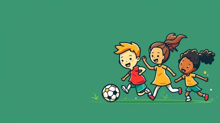 Wall Mural - Three cartoon children are playing soccer.