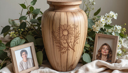 Wall Mural - Wooden urn with floral engraving and framed photos