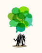 © master1305 - Group of businesspeople under layered speech bubbles, symbolizing efficient communication and creative problem-solving. Conceptual art collage. Concept of teamwork, business, collaboration