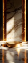 Sticker - A podium with a gold finish on a white marble floor, illuminated by warm ambient light from above, with soft shadows