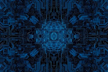 abstract close-up of a glowing blue digital circuit board, showcasing intricate connections and tech