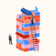 © master1305 - Businessman observing colleague climbing ladder to place puzzle piece in shape of speech bubble on large multicolor structure. Building successful project. Concept of teamwork, communication, business