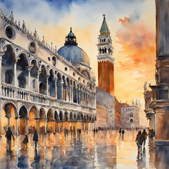 Wall Mural - Venezia, piazza San Marco e campanile, acquerello