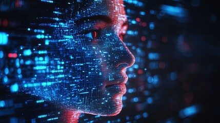 Woman's face, digital code, futuristic background, tech concept