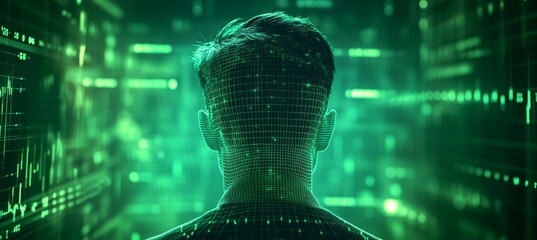 Poster - Smart human at matrix virtual digital world technology background. Generative AI technology.	
