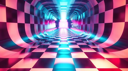 Wall Mural - an abstract neon corridor with a checkered floor.