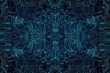 abstract close-up of a glowing blue digital circuit board, showcasing intricate connections and tech